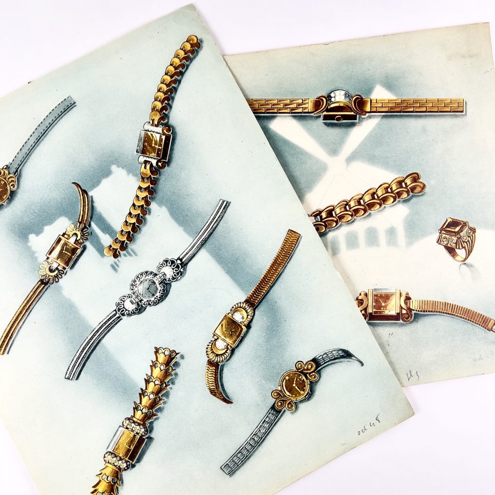 LITHOGRAPHIES ORIGINALES MONTRES ART DECO UNIVERSAL JAEGER CA. 1949